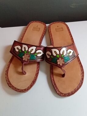 Handmade Mexican Leather‎ Huarache Sandals Floral Calla Lily Thong Slides Size 9